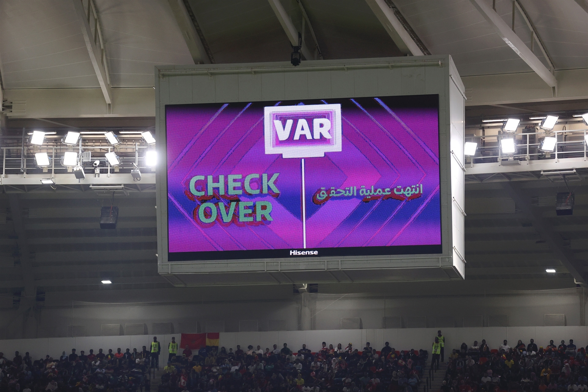 DOHA, QATAR - NOVEMBER 23: The LED board shows the Video Assistant Referee for a possible penalty to Canada during the FIFA World Cup Qatar 2022 Group F match between Belgium and Canada at Ahmad Bin Ali Stadium on November 23, 2022 in Doha, Qatar. (Photo by Catherine Ivill/Getty Images)