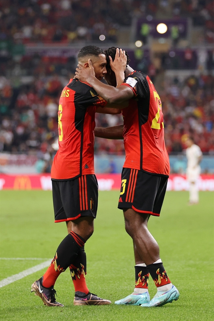 DOHA, QATAR - NOVEMBER 23: Michy Batshuayi of Belgium celebrates scoring their first goal with their teammate Youri Tielemans during the FIFA World Cup Qatar 2022 Group F match between Belgium and Canada at Ahmad Bin Ali Stadium on November 23, 2022 in Doha, Qatar. (Photo by Clive Brunskill/Getty Images)