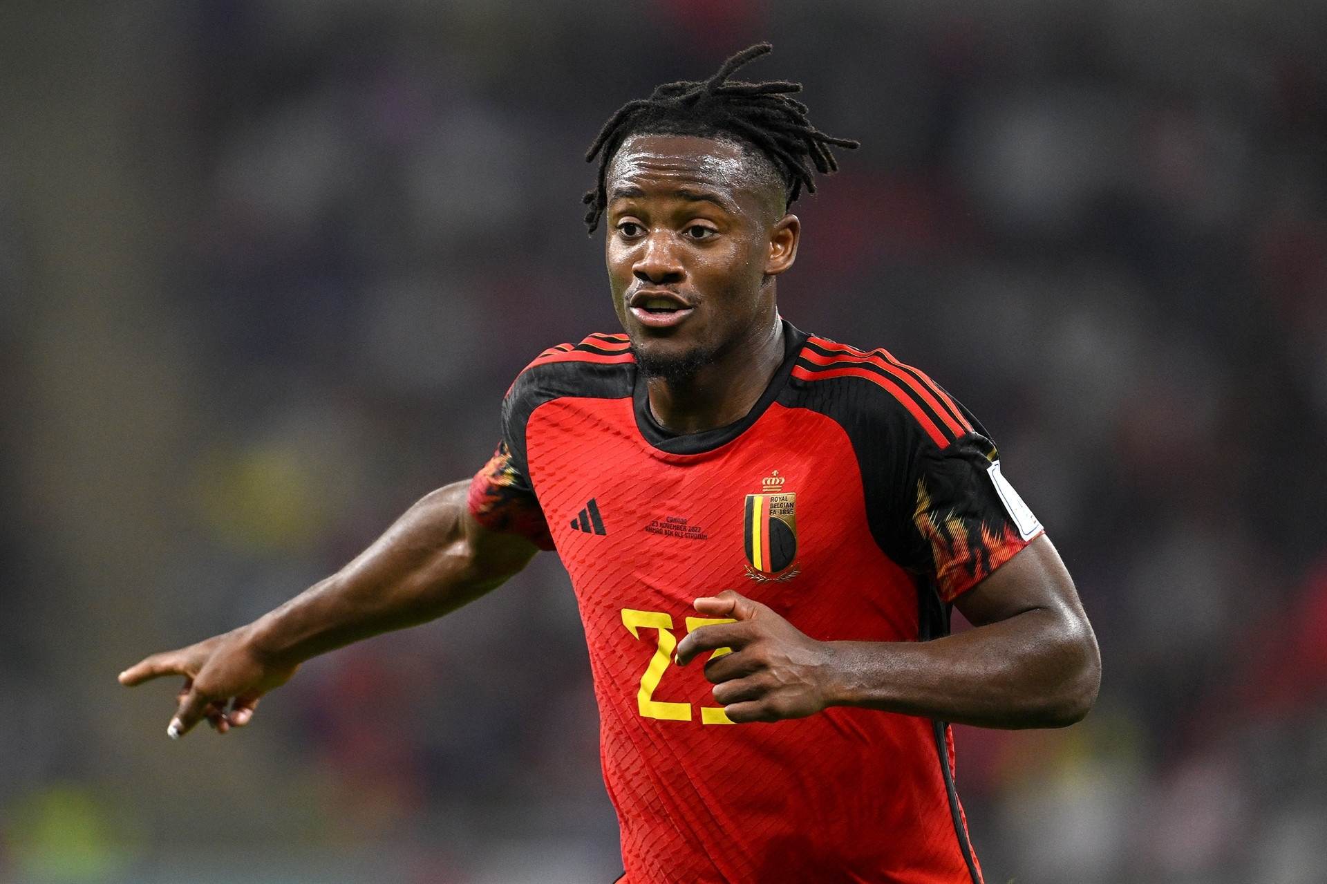 DOHA, QATAR - NOVEMBER 23: Michy Batshuayi of Belgium looks on during the FIFA World Cup Qatar 2022 Group F match between Belgium and Canada at Ahmad Bin Ali Stadium on November 23, 2022 in Doha, Qatar. (Photo by Matthias Hangst/Getty Images)