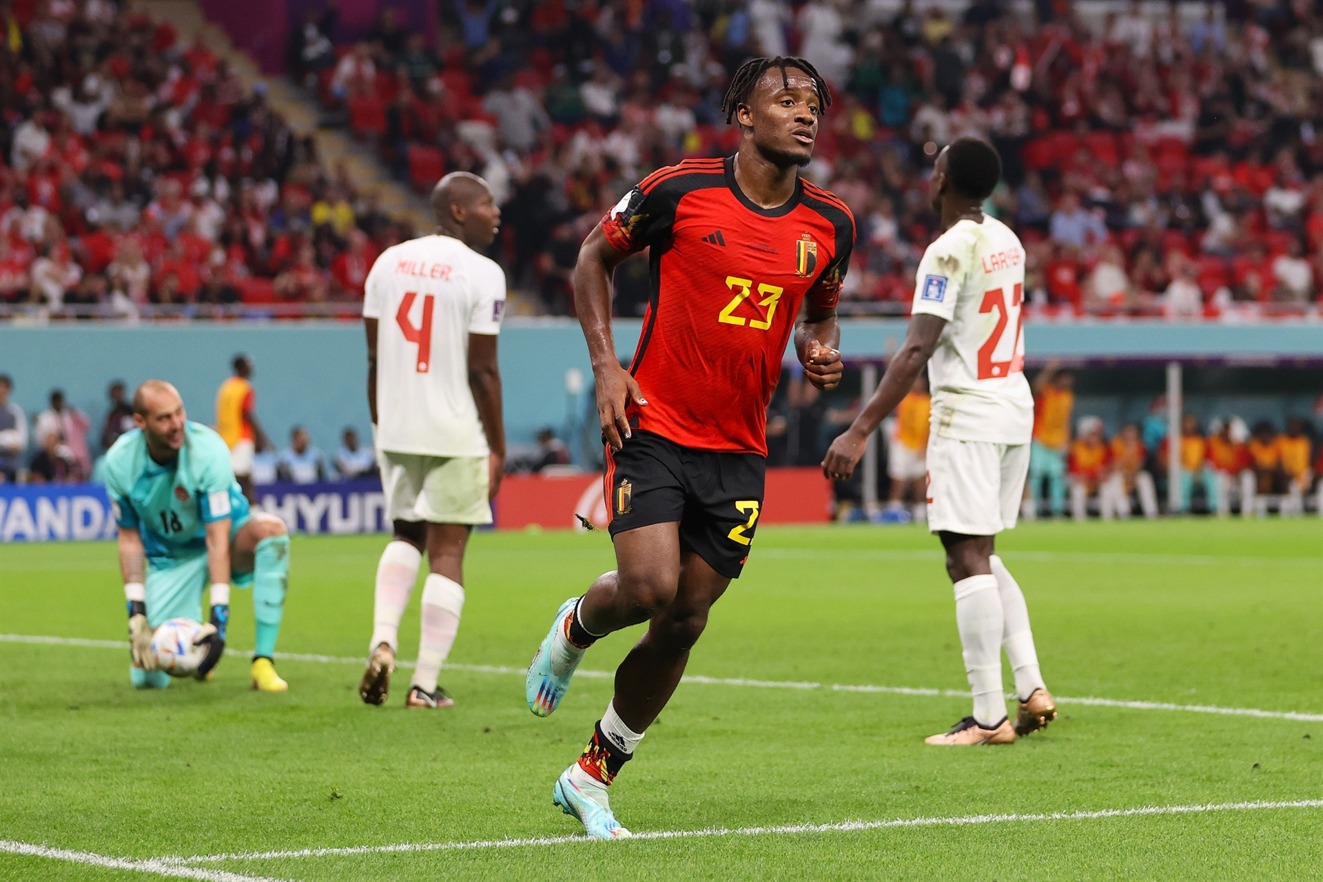 DOHA, QATAR - NOVEMBER 23: Michy Batshuayi of Belgium celebrates scoring their first goal during the FIFA World Cup Qatar 2022 Group F match between Belgium and Canada at Ahmad Bin Ali Stadium on November 23, 2022 in Doha, Qatar. (Photo by Clive Brunskill/Getty Images)