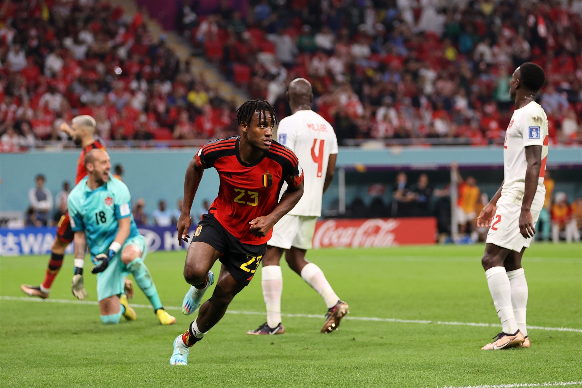 DOHA, QATAR - NOVEMBER 23: Michy Batshuayi of Belgium celebrates scoring their first goal during the FIFA World Cup Qatar 2022 Group F match between Belgium and Canada at Ahmad Bin Ali Stadium on November 23, 2022 in Doha, Qatar. (Photo by Clive Brunskill/Getty Images)