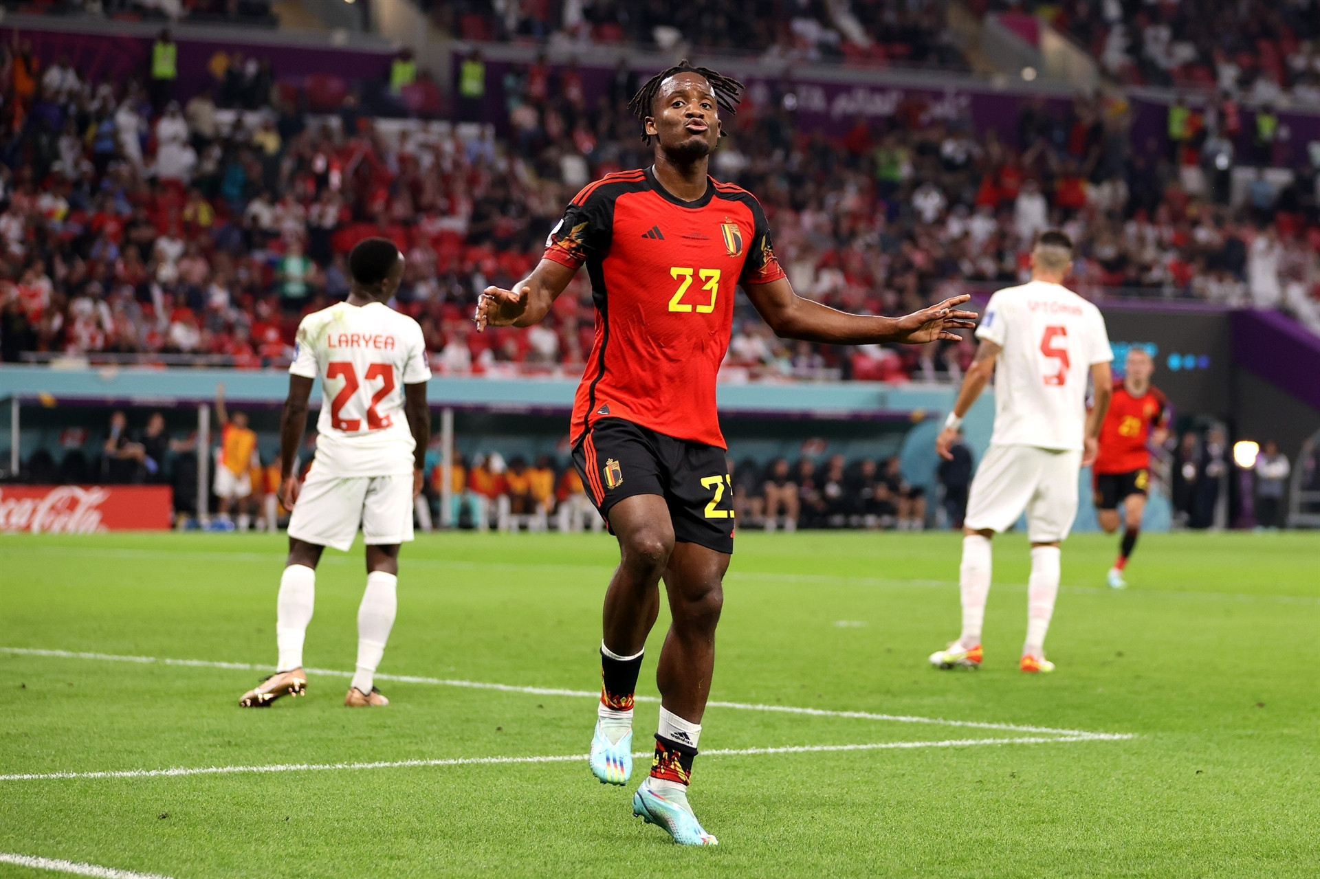 DOHA, QATAR - NOVEMBER 23: Michy Batshuayi of Belgium celebrates scoring their first goal during the FIFA World Cup Qatar 2022 Group F match between Belgium and Canada at Ahmad Bin Ali Stadium on November 23, 2022 in Doha, Qatar. (Photo by Clive Brunskill/Getty Images)