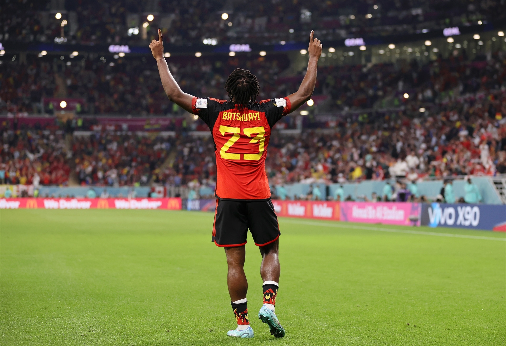 DOHA, QATAR - NOVEMBER 23: Michy Batshuayi of Belgium celebrates scoring their first goal during the FIFA World Cup Qatar 2022 Group F match between Belgium and Canada at Ahmad Bin Ali Stadium on November 23, 2022 in Doha, Qatar. (Photo by Clive Brunskill/Getty Images)