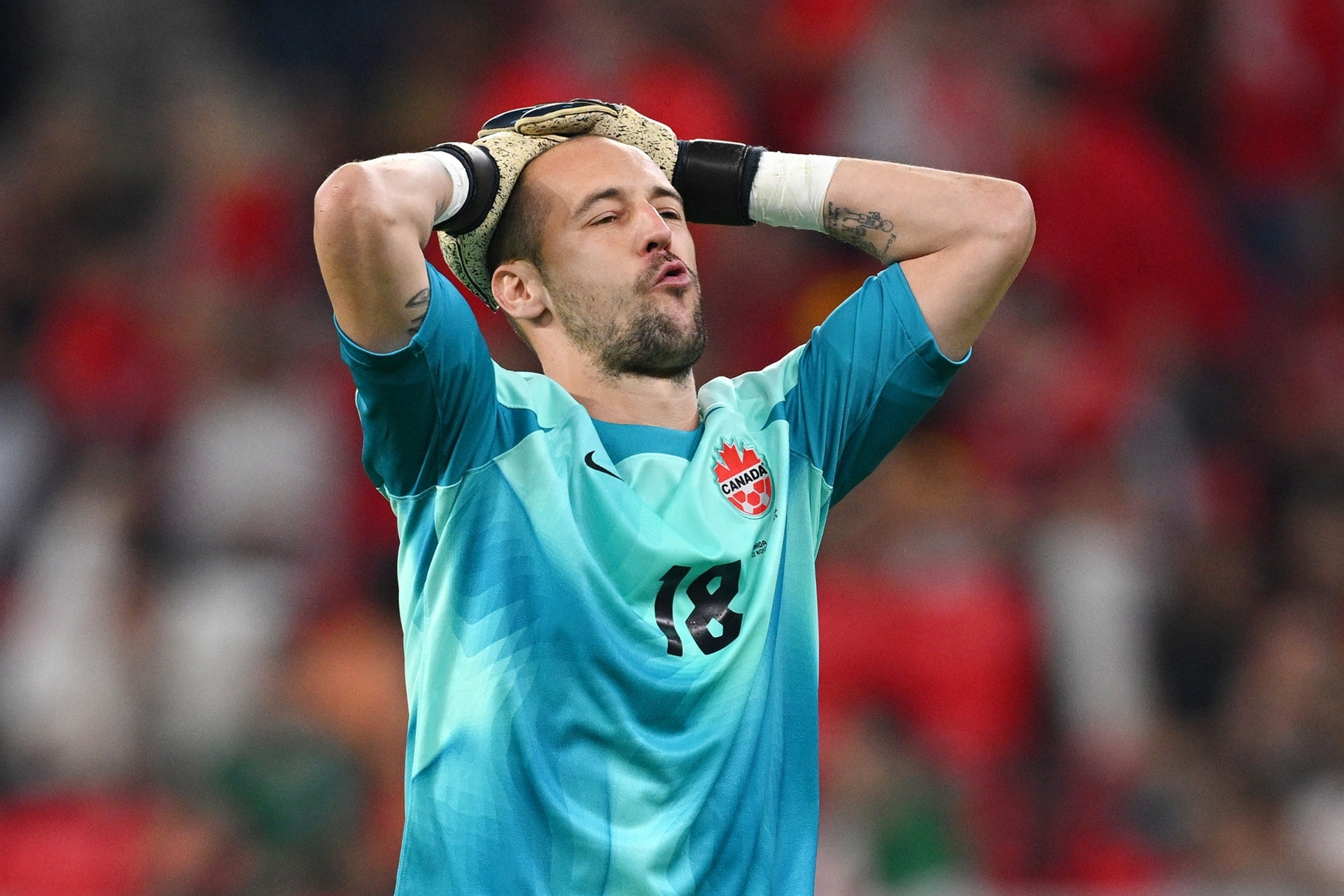 DOHA, QATAR - NOVEMBER 23: Milan Borjan of Canada reacts   during the FIFA World Cup Qatar 2022 Group F match between Belgium and Canada at Ahmad Bin Ali Stadium on November 23, 2022 in Doha, Qatar. (Photo by Matthias Hangst/Getty Images)