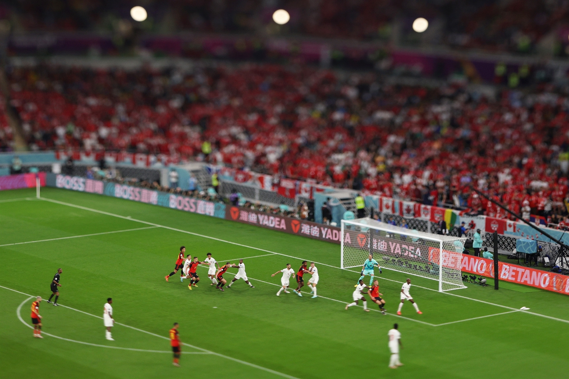 DOHA, QATAR - NOVEMBER 23: (EDITORS NOTE: Image was created using a variable planed lens.) Players battle for position on a corner kick during the FIFA World Cup Qatar 2022 Group F match between Belgium and Canada at Ahmad Bin Ali Stadium on November 23, 2022 in Doha, Qatar. (Photo by Richard Heathcote/Getty Images)