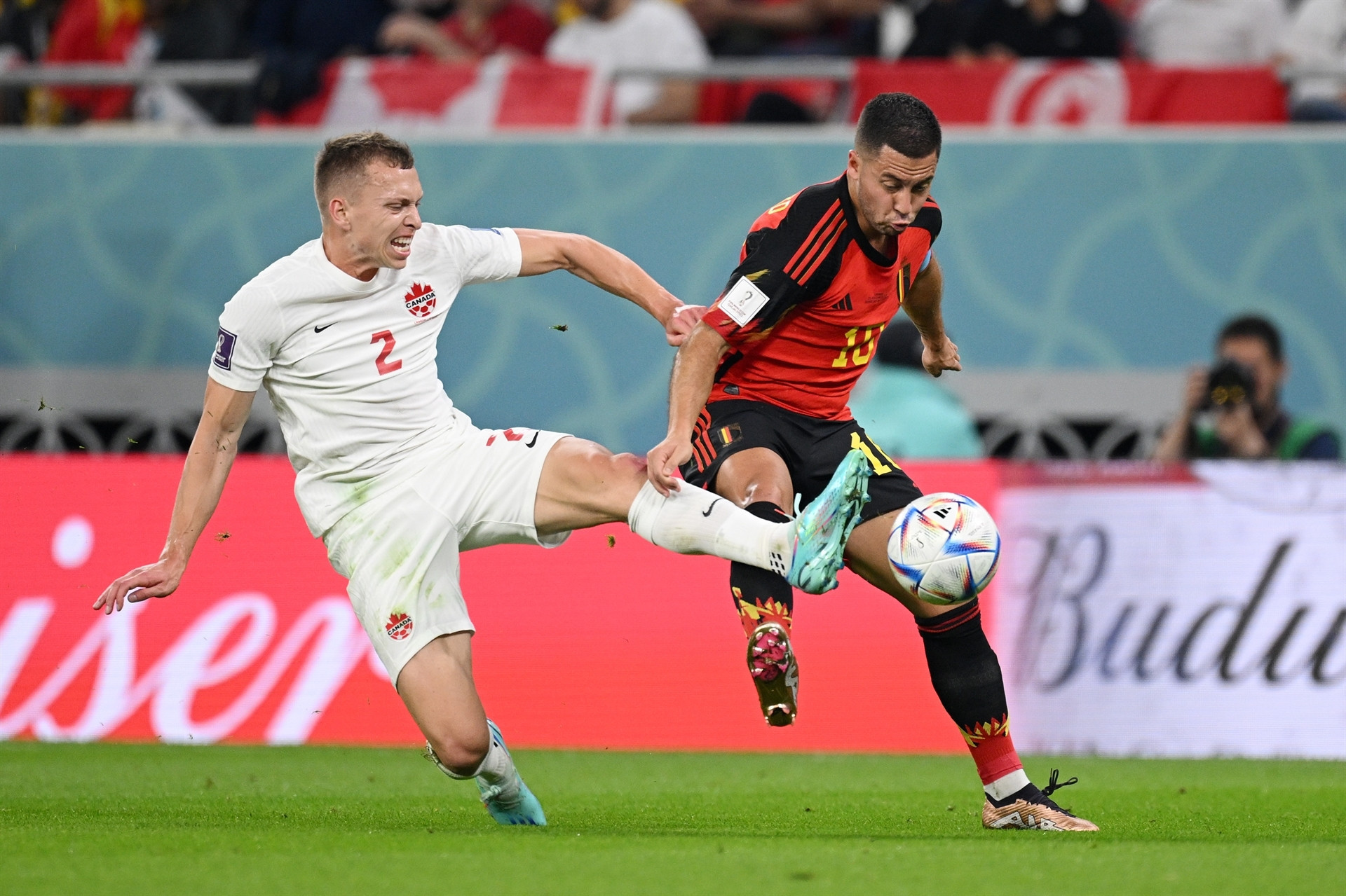 DOHA, QATAR - NOVEMBER 23: Eden Hazard of Belgium battles for possession with Alistair Johnston of Canada during the FIFA World Cup Qatar 2022 Group F match between Belgium and Canada at Ahmad Bin Ali Stadium on November 23, 2022 in Doha, Qatar. (Photo by Matthias Hangst/Getty Images)