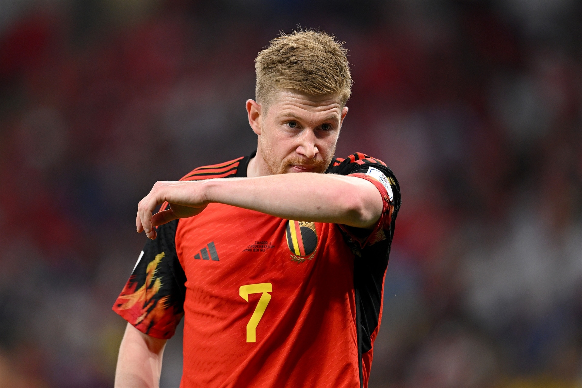 DOHA, QATAR - NOVEMBER 23: Kevin De Bruyne of Belgium reacts during the FIFA World Cup Qatar 2022 Group F match between Belgium and Canada at Ahmad Bin Ali Stadium on November 23, 2022 in Doha, Qatar. (Photo by Matthias Hangst/Getty Images)
