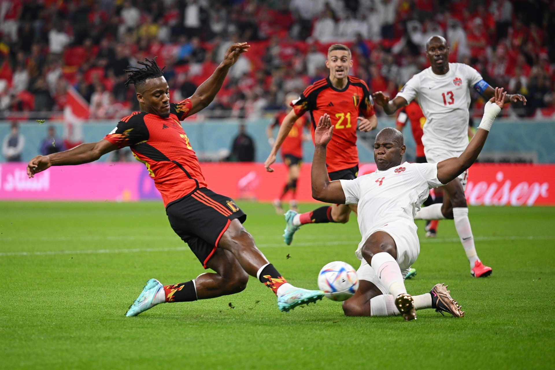 DOHA, QATAR - NOVEMBER 23: Michy Batshuayi of Belgium battles for possession with Kamal Miller of Canada during the FIFA World Cup Qatar 2022 Group F match between Belgium and Canada at Ahmad Bin Ali Stadium on November 23, 2022 in Doha, Qatar. (Photo by Matthias Hangst/Getty Images)