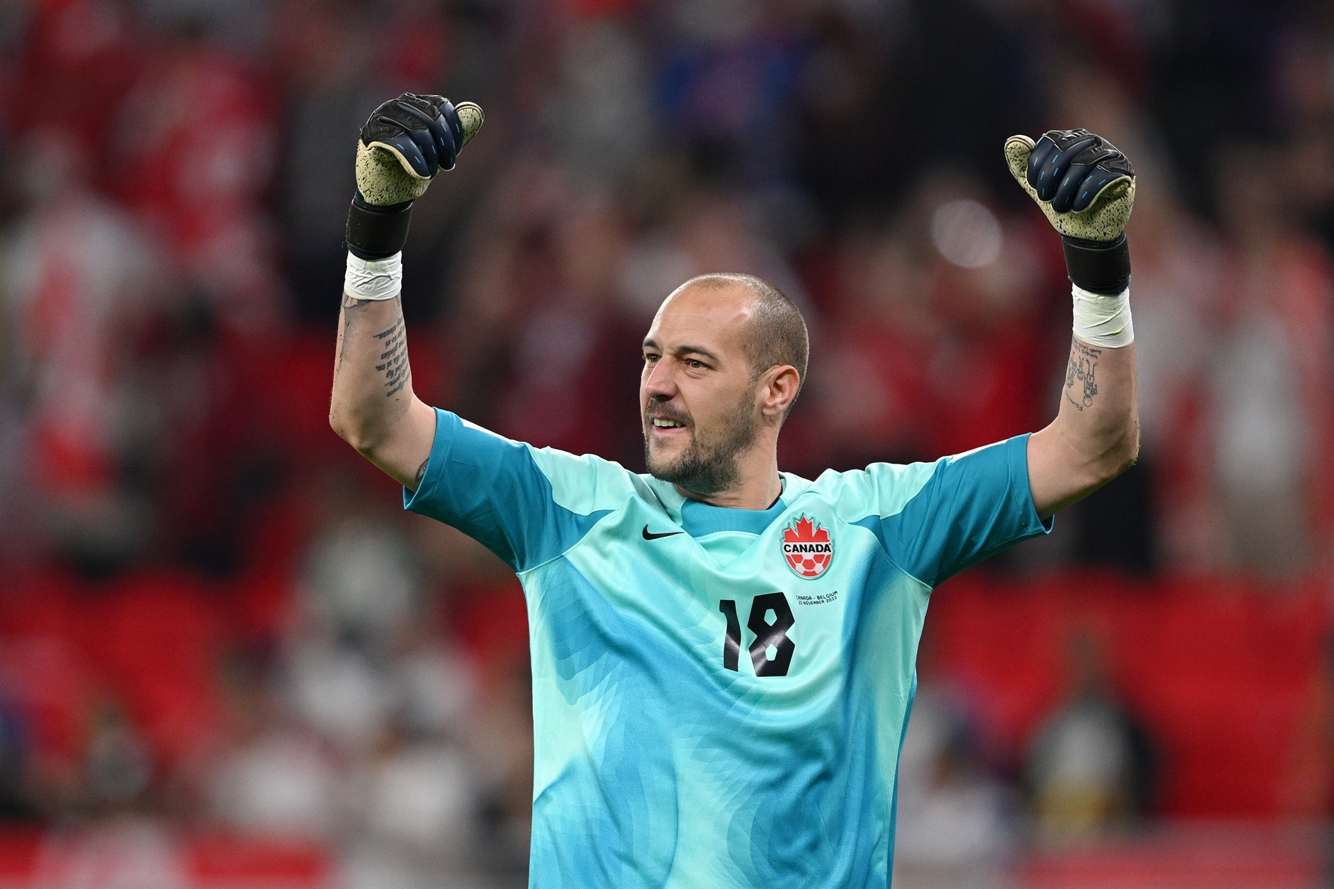 DOHA, QATAR - NOVEMBER 23: Milan Borjan of Canada reacts during the FIFA World Cup Qatar 2022 Group F match between Belgium and Canada at Ahmad Bin Ali Stadium on November 23, 2022 in Doha, Qatar. (Photo by Matthias Hangst/Getty Images)