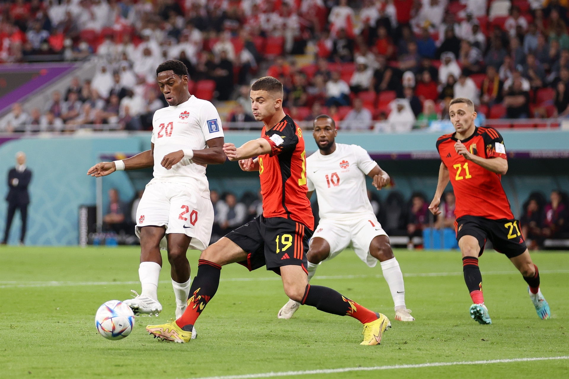 DOHA, QATAR - NOVEMBER 23: Jonathan David of Canada and Leander Dendoncker of Belgium battle for the ball during the FIFA World Cup Qatar 2022 Group F match between Belgium and Canada at Ahmad Bin Ali Stadium on November 23, 2022 in Doha, Qatar. (Photo by Julian Finney/Getty Images)