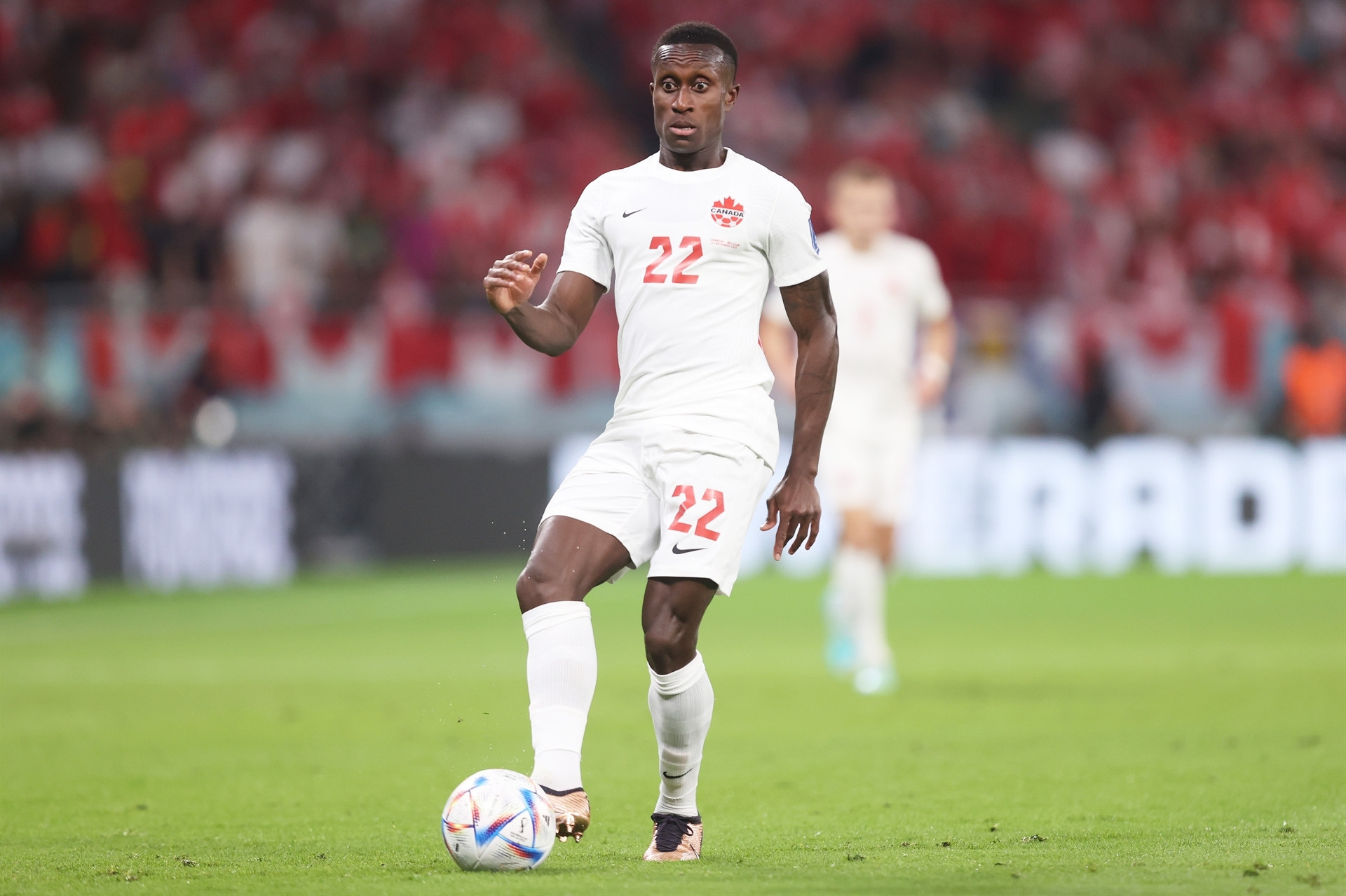 DOHA, QATAR - NOVEMBER 23: Richie Laryea of Canada controls the ball during the FIFA World Cup Qatar 2022 Group F match between Belgium and Canada at Ahmad Bin Ali Stadium on November 23, 2022 in Doha, Qatar. (Photo by Julian Finney/Getty Images)