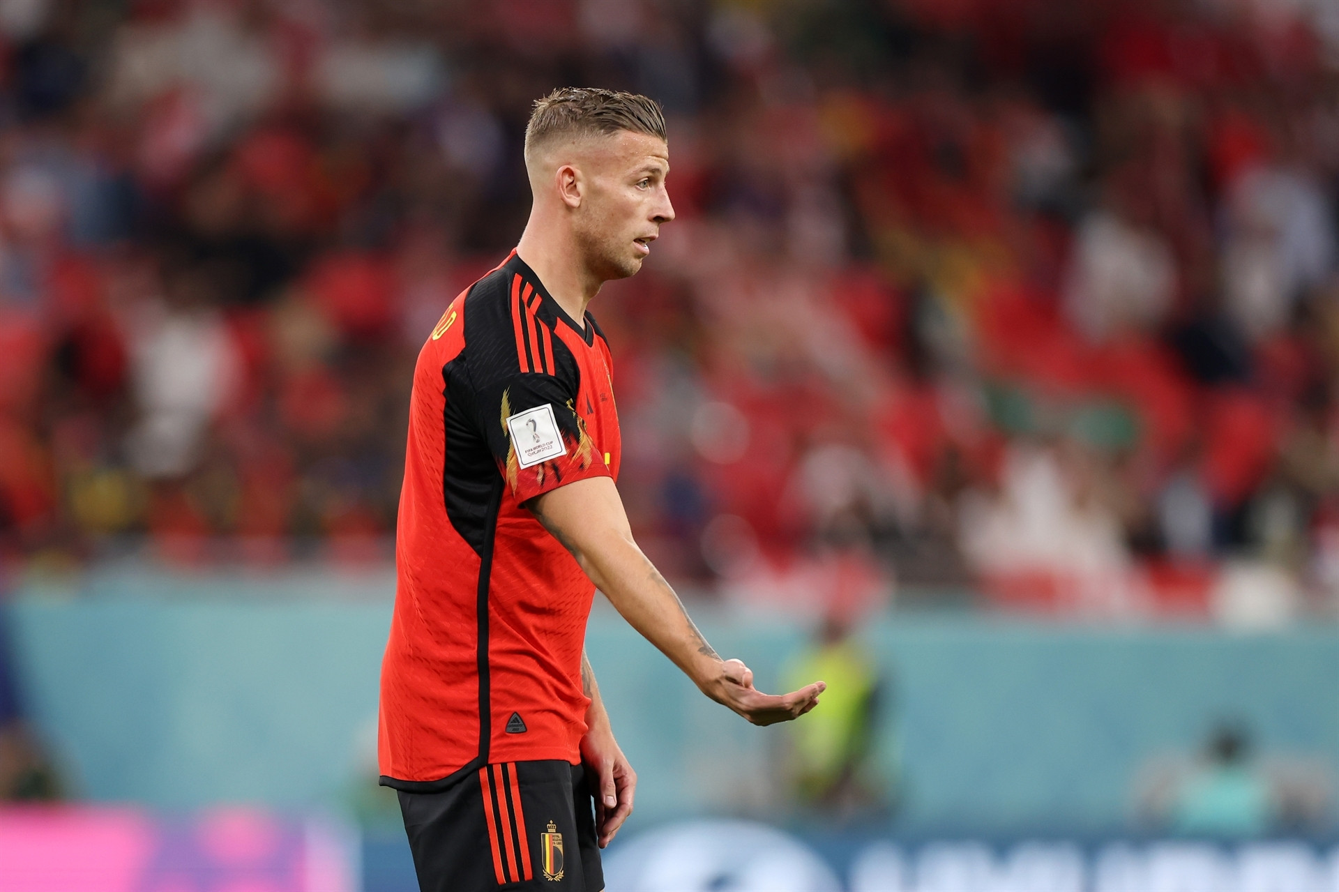 DOHA, QATAR - NOVEMBER 23: Toby Alderweireld of Belgium reacts during the FIFA World Cup Qatar 2022 Group F match between Belgium and Canada at Ahmad Bin Ali Stadium on November 23, 2022 in Doha, Qatar. (Photo by Catherine Ivill/Getty Images)