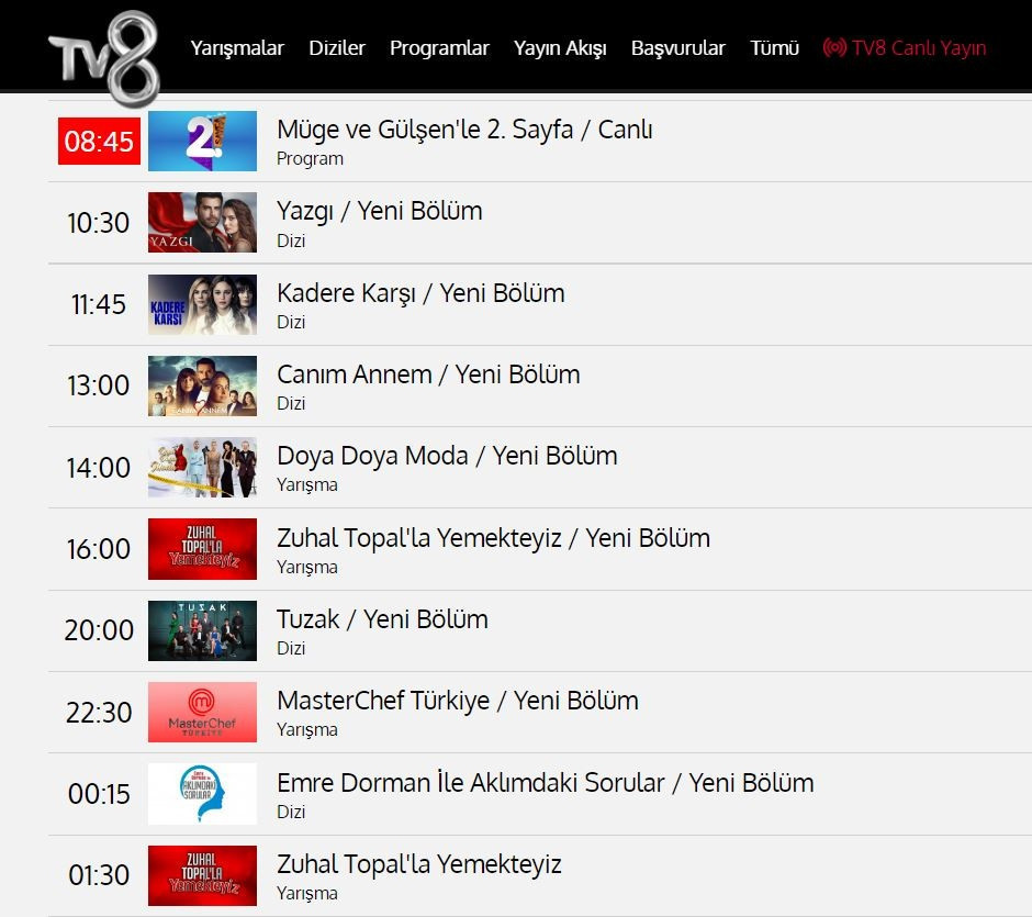 TV8 22 ARALIK YAYIN AKIŞI BİLGİSİ TV8 22 ARALIK YAYIN AKIŞI BİLGİSİ