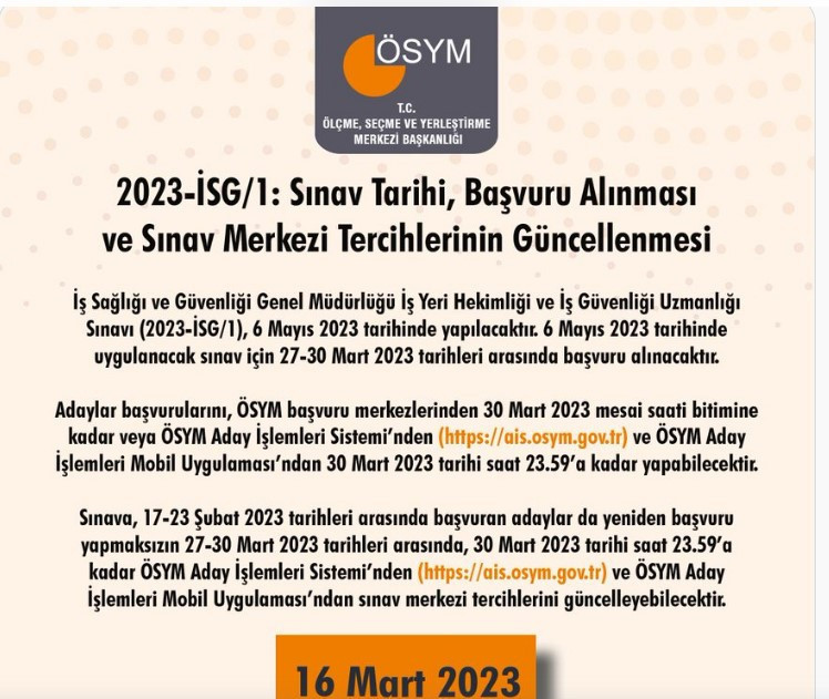 2023-İSG/1 SINAVI NE ZAMAN