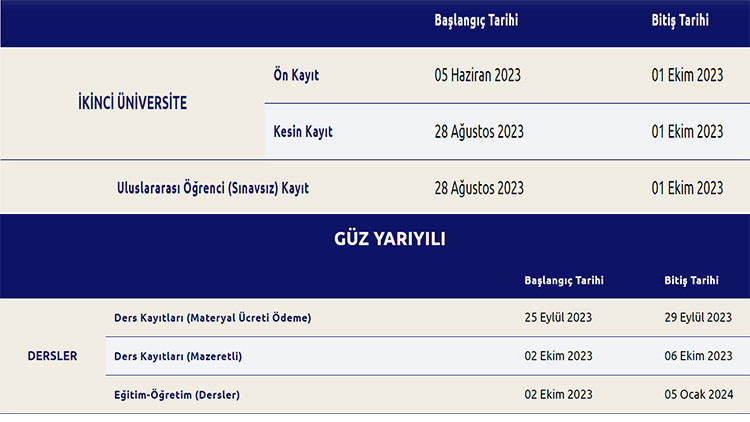 ATA AÖF ATATÜRK ÜNİVERSİTESİ KAYIT TAKVİMİ