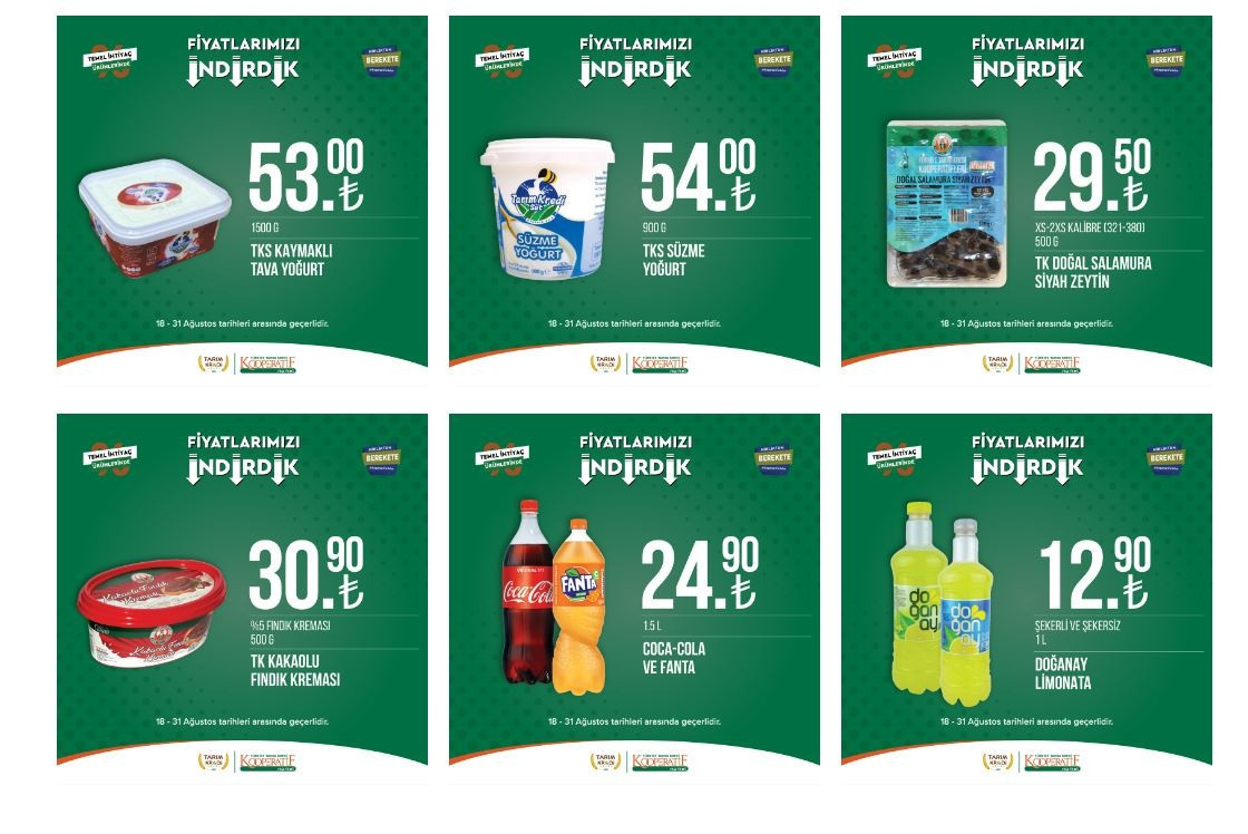 Tarım Kredi Marketleri 31 Ağustos indirimli ürünler kataloğu için son günler... Temizlik ürünleri, temel gıda, bakliyat, içecek çeşitleri ve kahvaltılık ürünlerde kampanya fırsatı