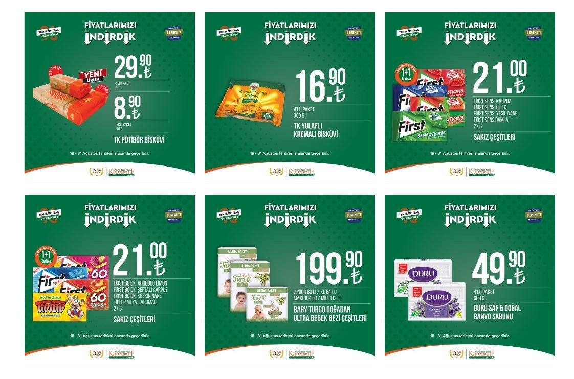 Tarım Kredi Marketleri 31 Ağustos indirimli ürünler kataloğu için son günler... Temizlik ürünleri, temel gıda, bakliyat, içecek çeşitleri ve kahvaltılık ürünlerde kampanya fırsatı