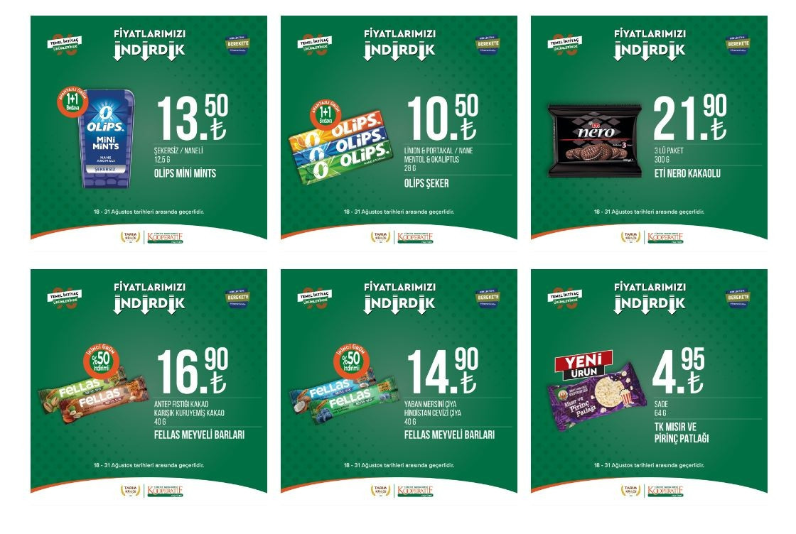 Tarım Kredi Marketleri 31 Ağustos indirimli ürünler kataloğu için son günler... Temizlik ürünleri, temel gıda, bakliyat, içecek çeşitleri ve kahvaltılık ürünlerde kampanya fırsatı
