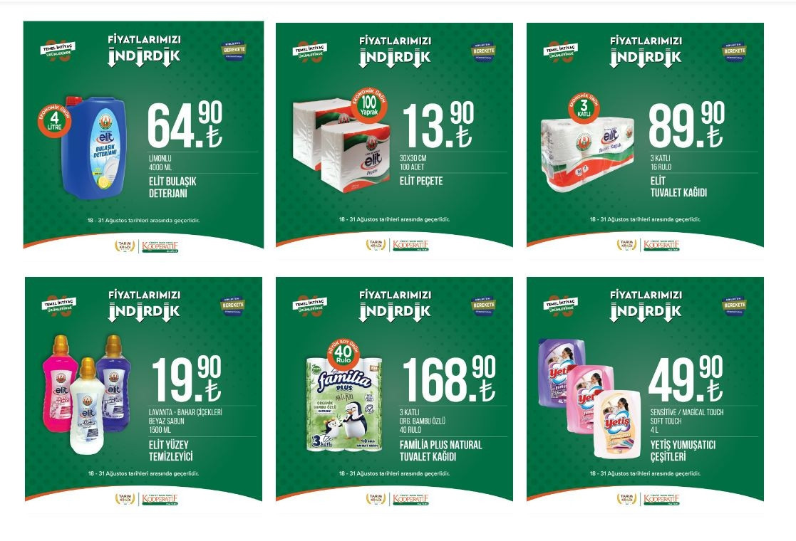 Tarım Kredi Marketleri 31 Ağustos indirimli ürünler kataloğu için son günler... Temizlik ürünleri, temel gıda, bakliyat, içecek çeşitleri ve kahvaltılık ürünlerde kampanya fırsatı
