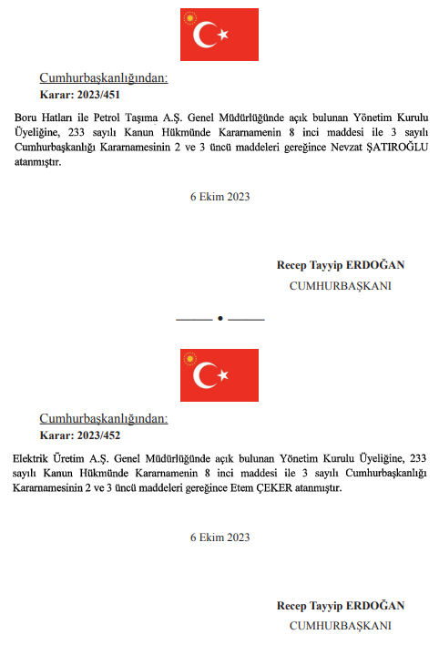 7 Ekim Cumartesi Resmi Gazete kararları belli oldu Resmi Gazetede atama kararı... Gelir İdaresi Başkanlığı ve Türkiye Uzay Ajansı Başkanlığı ataması yayımlandı