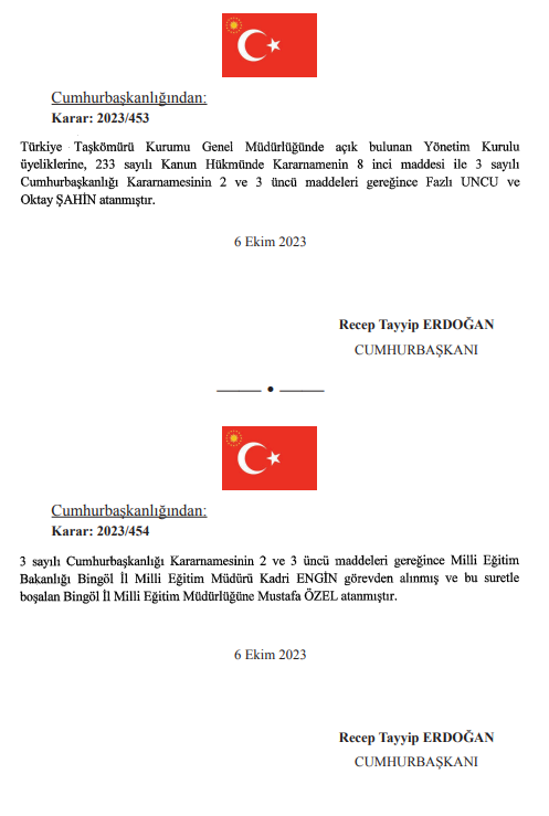 7 Ekim Cumartesi Resmi Gazete kararları belli oldu Resmi Gazetede atama kararı... Gelir İdaresi Başkanlığı ve Türkiye Uzay Ajansı Başkanlığı ataması yayımlandı
