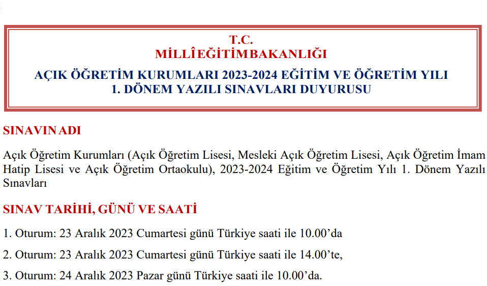 AÖL SINAVLARI ARALIK AYININ KAÇINDA