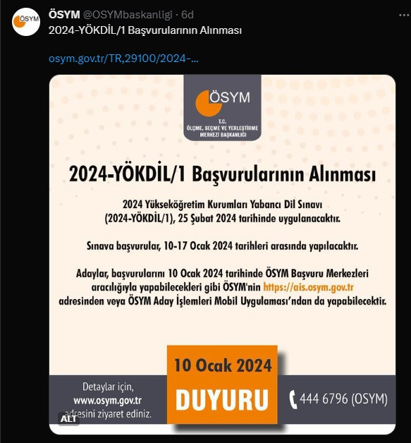 YÖKDİL/1 BAŞVURU TARİHLERİ