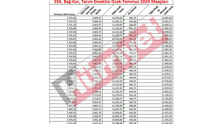 EMEKLİ MAAŞ ZAMMI 2024 HESAPLAMA TABLOSU (YENİ MAAŞLAR) |  TBMMde kabul edildi 7.500 TL alan emekli maaşı ne kadara çıktı Yüzde 49,25lik zamla SSK, Bağkur emekli maaşları ne kadar oldu  İşte kalem kalem yeni emekli maaşları