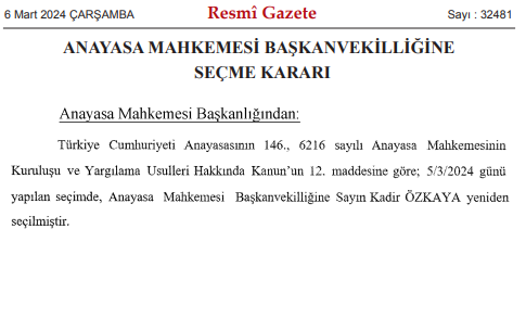 AYM Başkanvekilliğine Kadir Özkaya’nın seçilmesine ilişkin karar Resmi Gazete’de