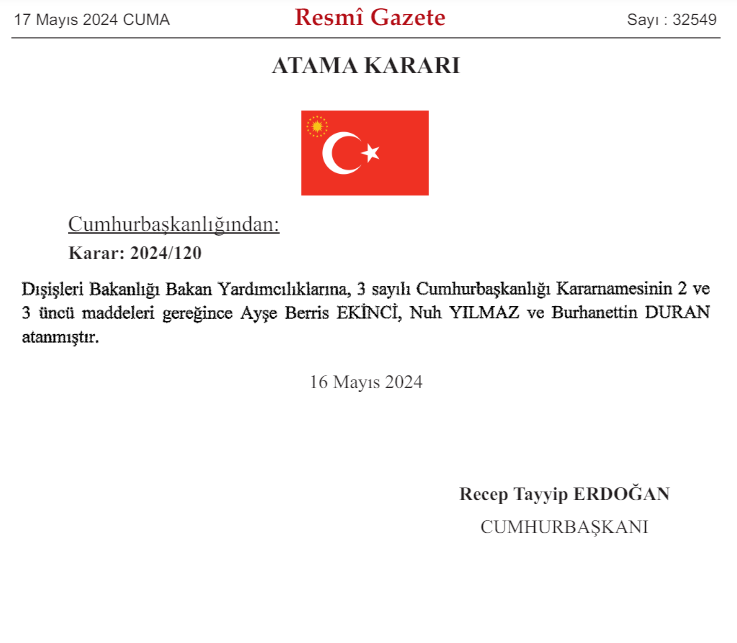 DIŞİŞLERİ BAKANLIĞINA 3 BAKAN YARDIMCISI ATANDI