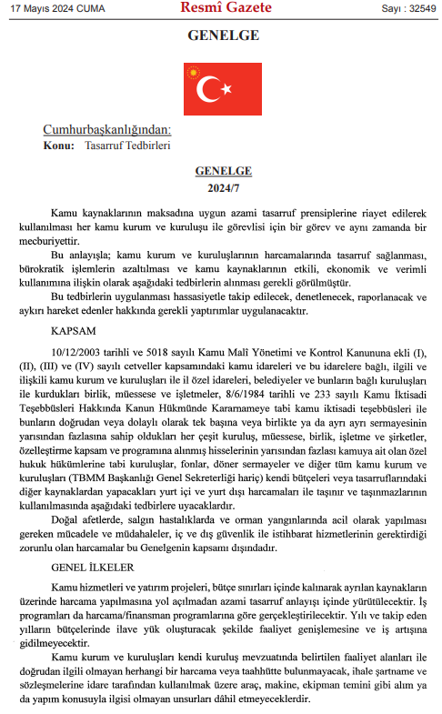 KAMUDA TASARRUF TEDBİRLERİ RESMİ GAZETEDE