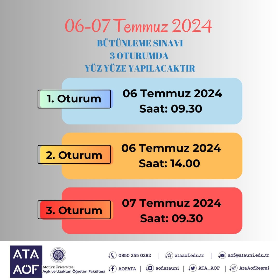 ATA AÖF BÜTÜNLEME SINAV TARİHİ VE OTURUM SAATİ 2024 (BAHAR DÖNEMİ) || Atatürk Üniversitesi ATA AÖF bütünleme sınavı ne zaman 2024, saat kaçta