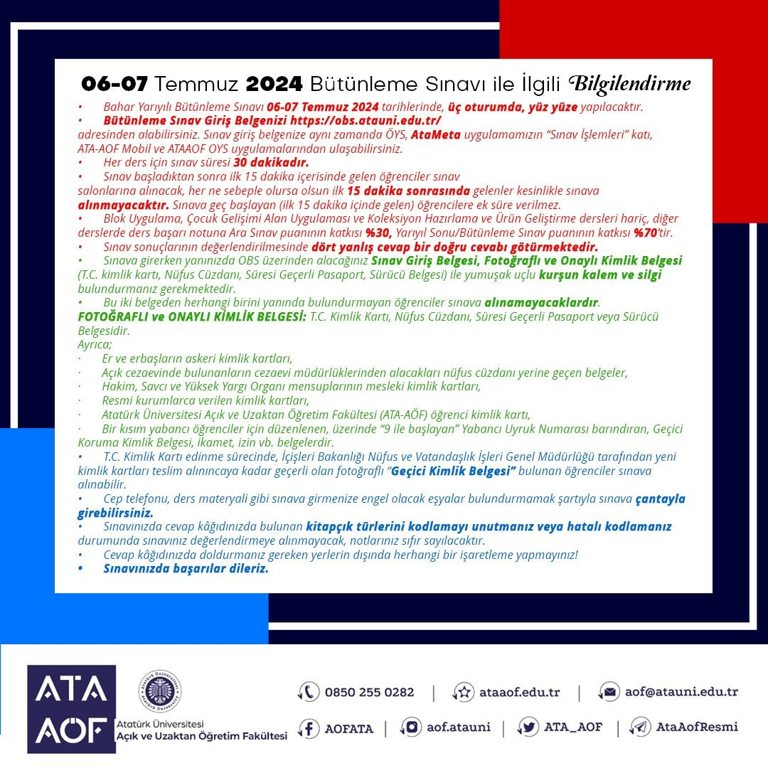 ATA AÖF BÜTÜNLEME SINAV TARİHİ VE OTURUM SAATİ 2024 (BAHAR DÖNEMİ) || Atatürk Üniversitesi ATA AÖF bütünleme sınavı ne zaman 2024, saat kaçta