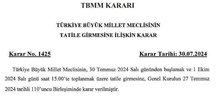 TBMMnin tatile girmesine ilişkin karar Resmi Gazetede