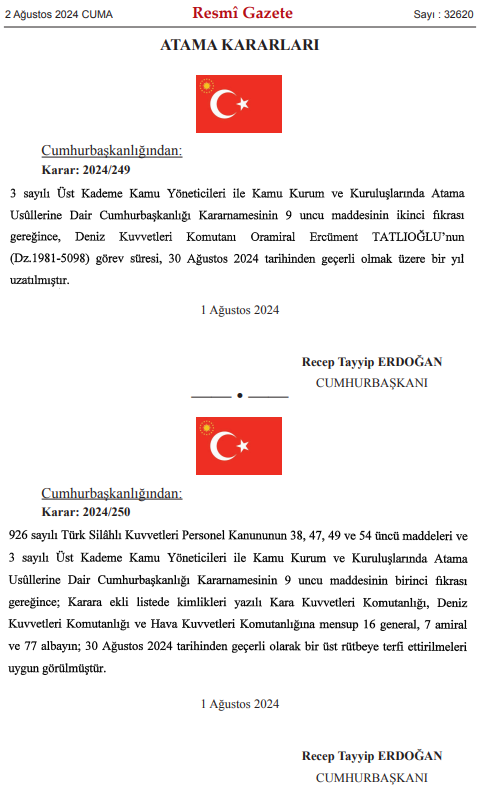 Yüksek Askeri Şura kararları Resmi Gazetede