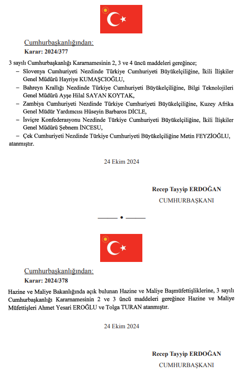 RESMİ GAZETEDE BUGÜN (25 EKİM 2024) | Resmi Gazete atama kararları neler Büyükelçi atama kararları yayınlandı RESMİ GAZETEDE BUGÜN (25 EKİM 2024) | Resmi Gazete atama kararları neler Büyükelçi atama kararları yayınlandı