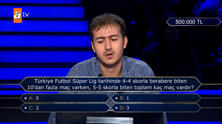 Türkiye Futbol Süper Lig tarihinde 4-4 skorla berabere biten ondan fazla maç varken 5-5 skorla biten toplam kaç maç vardır Kim Milyoner Olmak İster sorusunun cevabı Türkiye Futbol Süper Lig tarihinde 4-4 skorla berabere biten ondan fazla maç varken 5-5 skorla biten toplam kaç maç vardır Kim Milyoner Olmak İster sorusunun cevabı