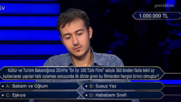 Kim Milyoner Olmak İster 1 milyon TLlik soru ve cevabı: 2014te En iyi 100 Türk Filmi adıyla 360 binden fazla tekil oy kullanılarak yapılan halk oylaması sonucunda ilk dörde giren bu filmlerden hangisi birinci olmuştur İşte doğru cevap