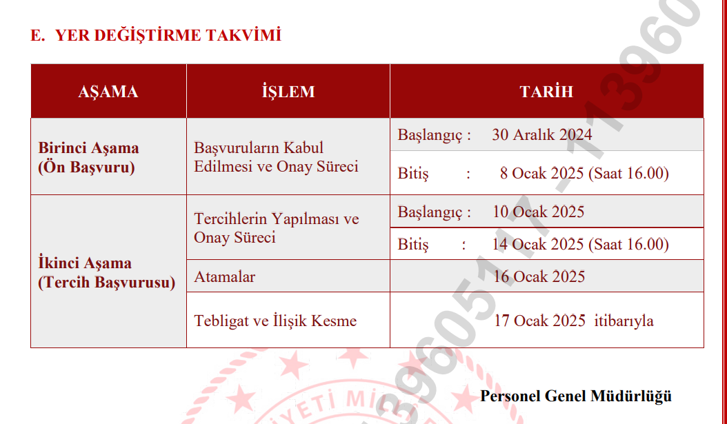 MAZERETE BAĞLI YER DEĞİŞTİRME TAKVİMİ