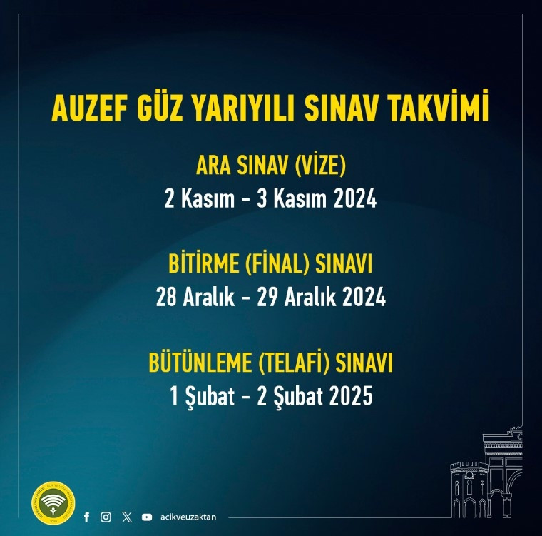 AUZEF GÜZ YARIYILI SINAV TAKVİMİ