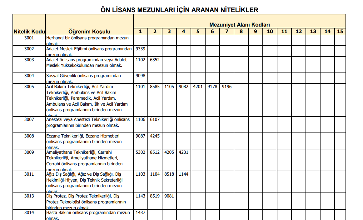 EKPSS TERCİHLERİ 6225, 1103, 2049, 2001, 3001 NİTELİK KODLARI LİSTESİ