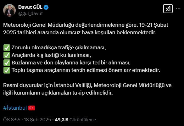 VALİ DAVUT GÜLDEN KAR UYARISI VALİ DAVUT GÜLDEN KAR UYARISI