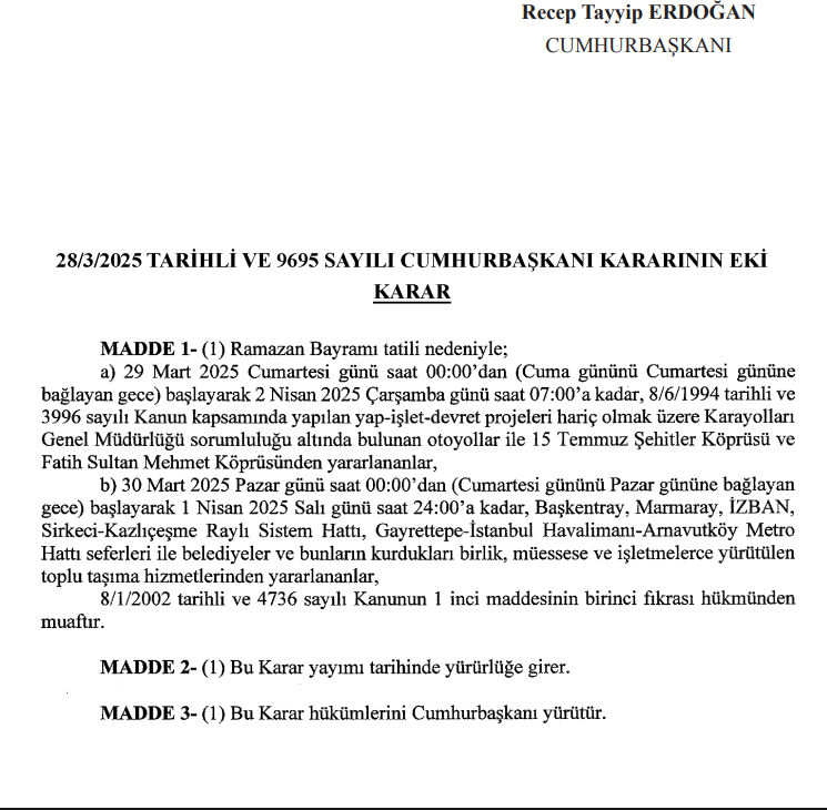 BAYRAMDA KÖPRÜ VE OTOYOLLAR ÜCRETSİZ Mİ