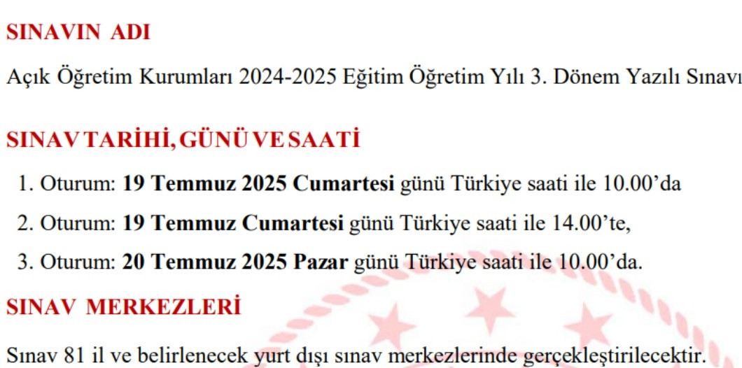 AÖL 2024 - 2025 ÜÇÜNCÜ DÖNEM SINAV TARİHLERİ