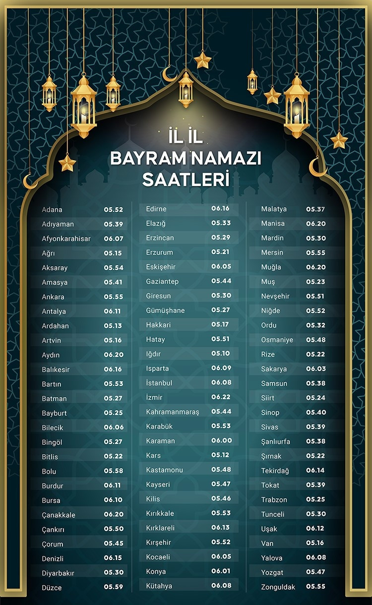 DİYANET İL İL BAYRAM NAMAZI SAATLERİ 2025 KURBAN BAYRAMI