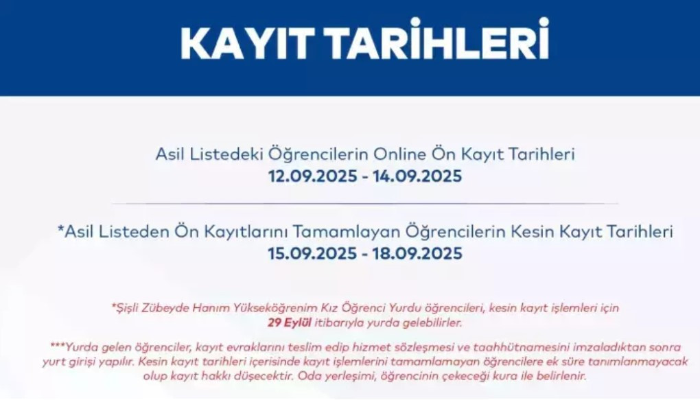KYK 2025 YURT KAYITLARI NE ZAMAN