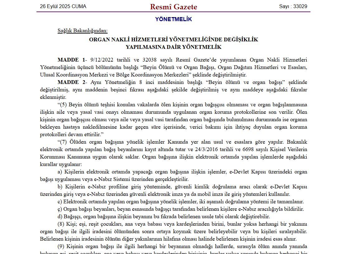 ORGAN BAĞIŞI YÖNETMELİĞİNDE DEĞİŞİKLİK