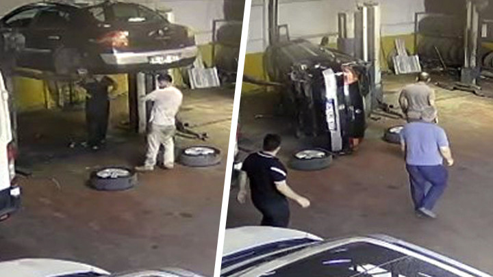 Tamir edilen otomobil liftten düştü, tamirci son anda kurtuldu