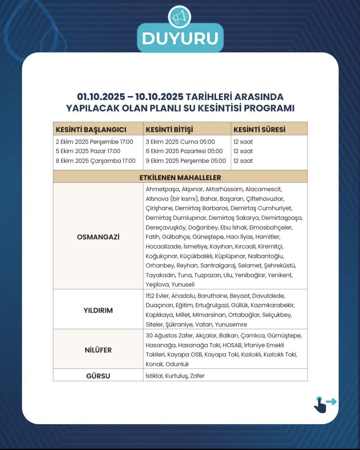 BUSKİ PLANLI SU KESİNTİSİ SAATLERİ VE PROGRAMI 1-10 EKİM 2025 || Bursa su kesintisi etkilenecek ilçeler belli oldu Bursada sular ne zaman gelecek, saat kaçta Bursada hangi ilçelerde sular kesilecek BUSKİ PLANLI SU KESİNTİSİ SAATLERİ VE PROGRAMI 1-10 EKİM 2025 || Bursa su kesintisi etkilenecek ilçeler belli oldu Bursada sular ne zaman gelecek, saat kaçta Bursada hangi ilçelerde sular kesilecek