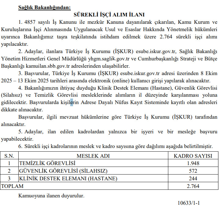 SAĞLIK BAKANLIĞI İŞÇİ ALIMI BAŞVURUSU NE ZAMAN SAĞLIK BAKANLIĞI İŞÇİ ALIMI BAŞVURUSU NE ZAMAN